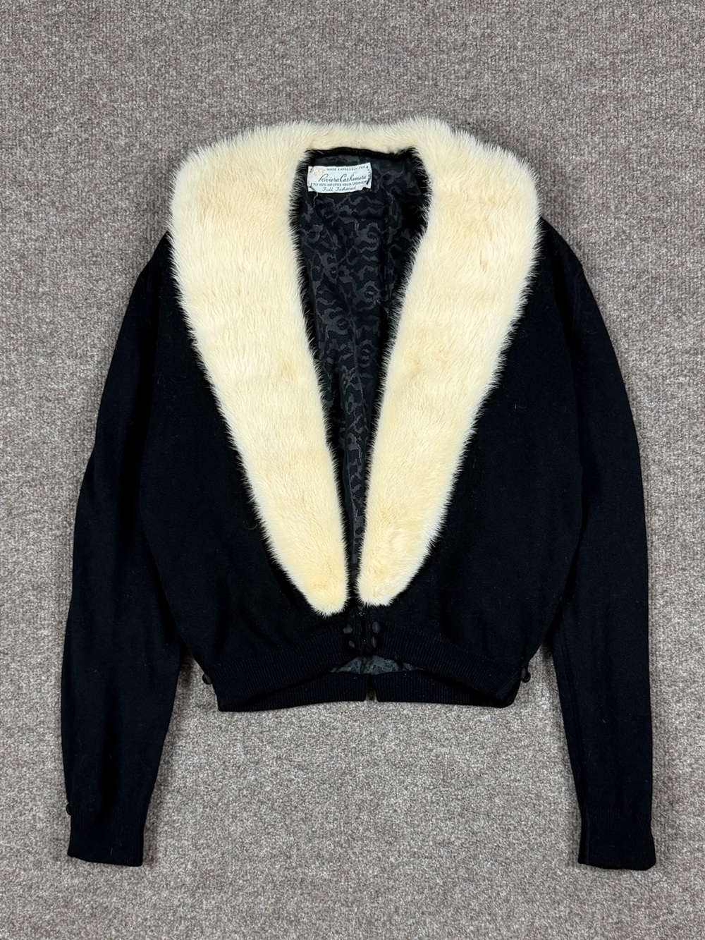 Vintage Black Cashmere Cropped Cardigan Sweater Women’s Small Mink Fur Collar - Picture 2 of 9